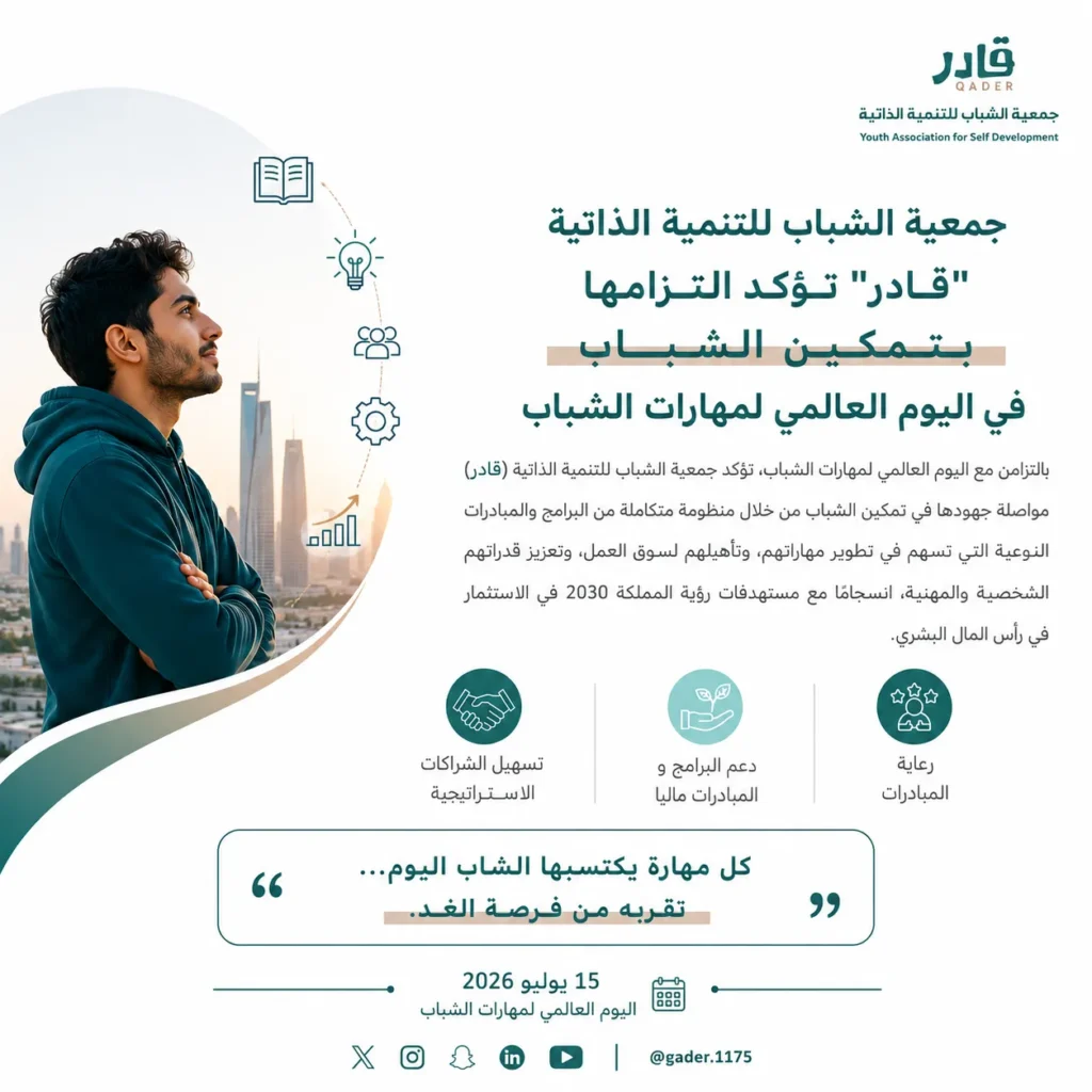 جمعية الشباب للتنمية الذاتية “قادر” تؤكد التزامها بتمكين الشباب في اليوم العالمي لمهارات الشباب